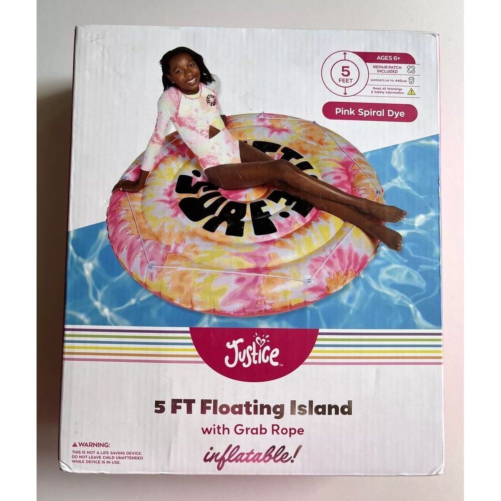 Justice Surf 5ft‎ Floating Island Pool Float w/ Grab Rope, Pink Spiral Tie Dye